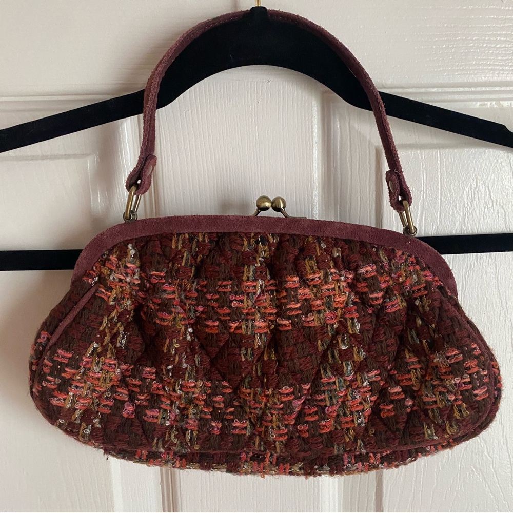 Vera Bradley Annie Burgundy Pink Maroon Tweed Plaid Kiss Clasp Clutch Handbag